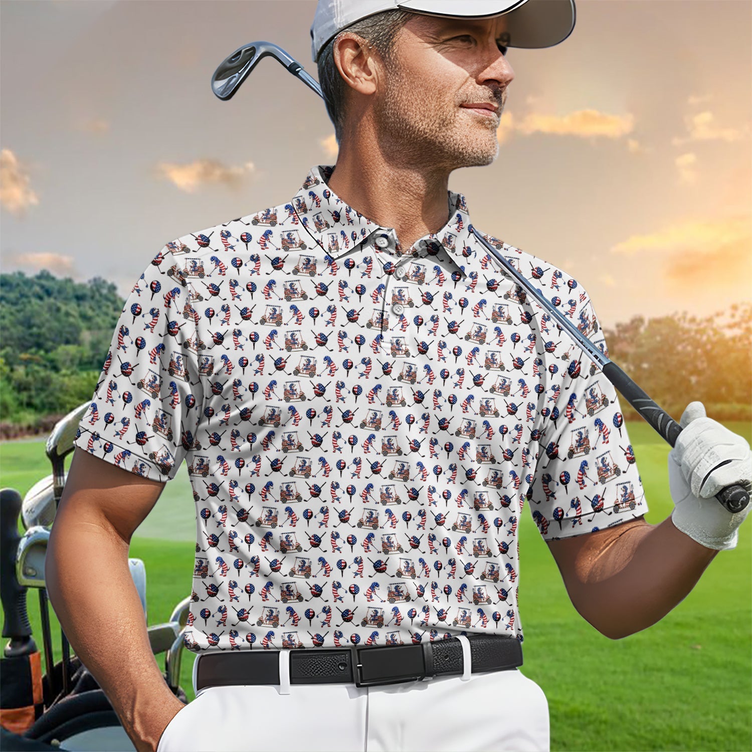 Patriotic Dachshund Golf Polos, USA Flag With Wiener Dog Pattern Golf Shirt, Funny Golf Gift For Golfer