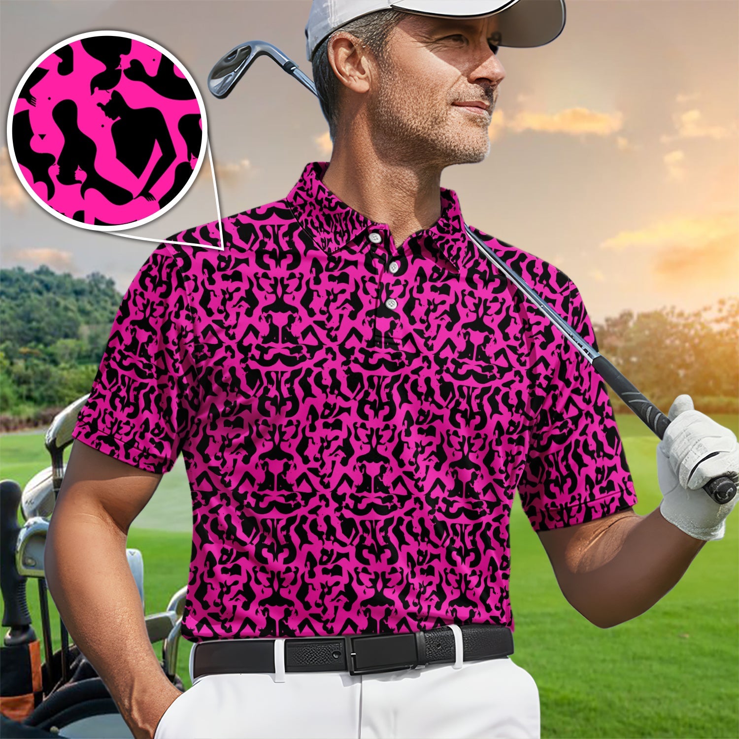 Bold Silhouette Pattern Polos, Hot Pink Abstract Golf Shirt, Golf Gift For Golfer
