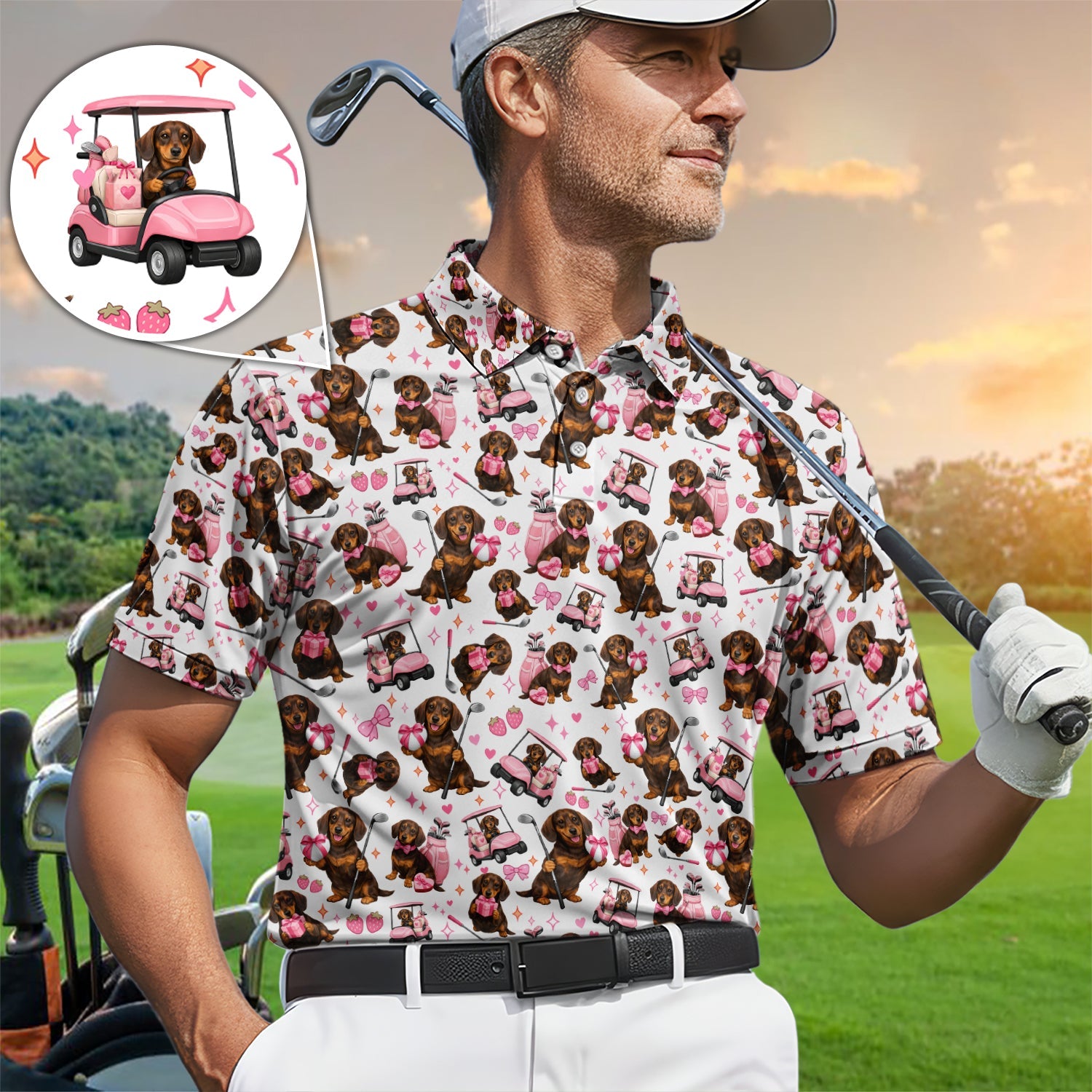 Dachshund Valentine Pattern Golf Shirt, Wiener Dog Golf Polos For Men, Golf Gift For Golfer