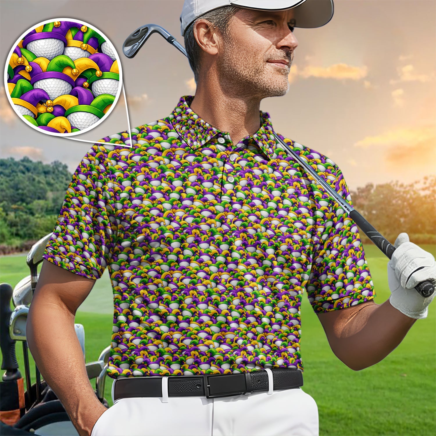Carnival Golf Pattern Polos, Mardi Gras Golf Shirt For Golfer, Golf Gift For Men