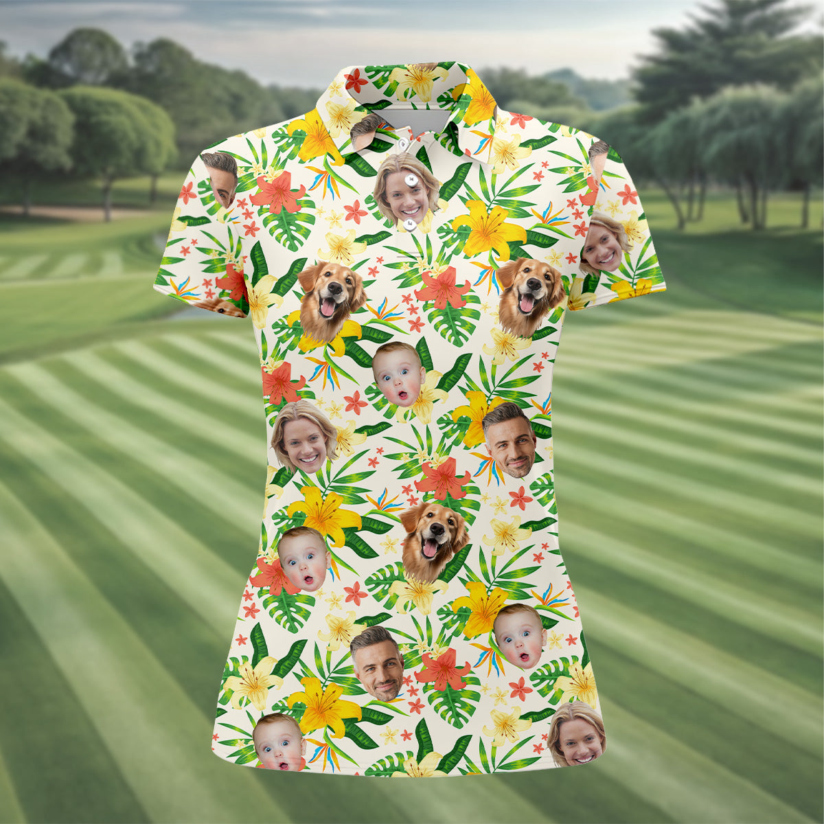 Tropical Leaves Pattern, Hibiscus Hawaiian Shirt, Custom Face Shirt, Womens Sleeveless Polo, Ladies Golf Shirts