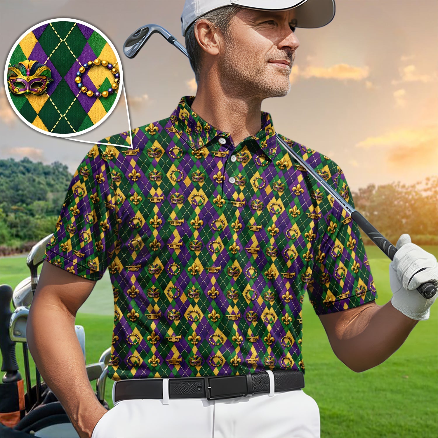 Mardi Gras Argyle Golf Polos, Carnival Pattern Golf Shirt For Golfer, Golf Gift For Men