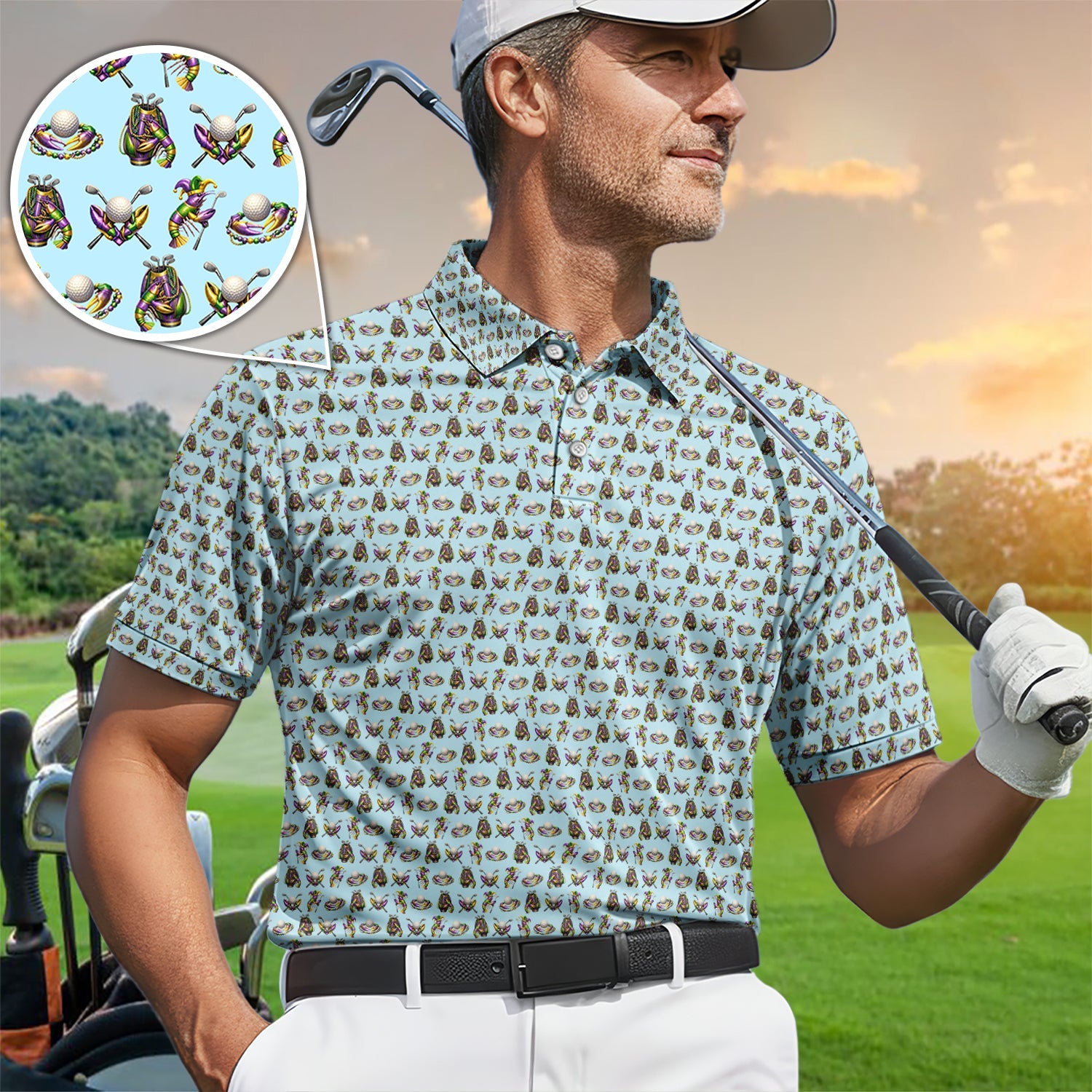 Mardi Gras Golf Pattern Polos, Carnival Golf Shirt For Men, Golf Gift For Golfer