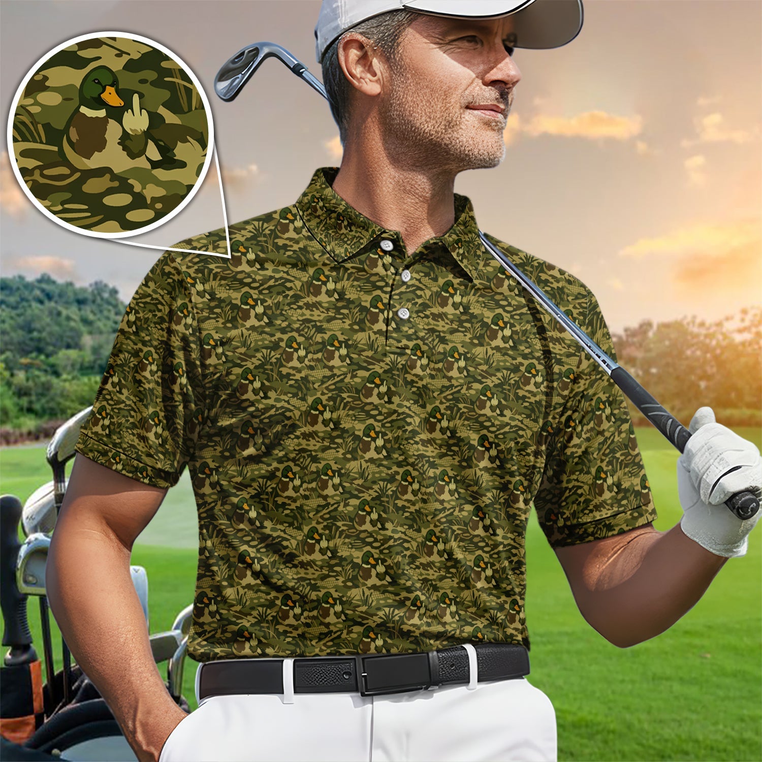 Mallard Duck Camo Pattern Golf Polos, Camouflage, Wild Mallards Golf Shirt For Hunter, Golf Gift For Men