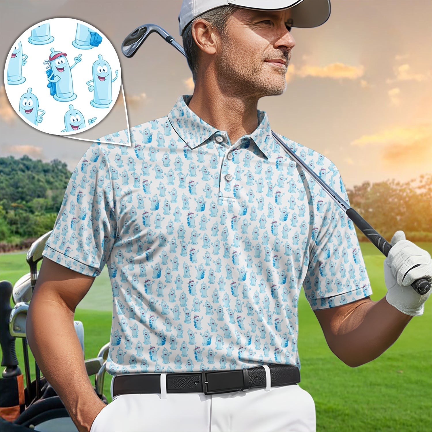 Funny Pattern Golf Polos, Light Blue Golf Shirt For Golfer, Golf Gift For Men