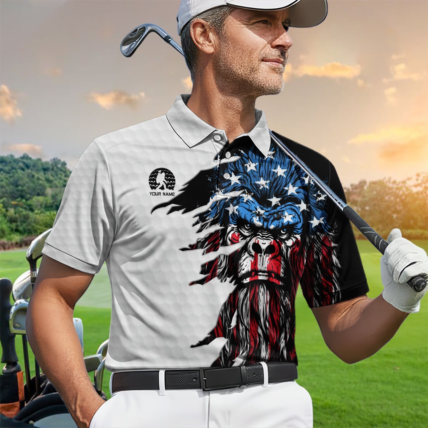 Personalized Patriotic Bigfoot Polos, Custom Name American Flag Bigfoot Golf Shirt, Golf Gift For Golfer