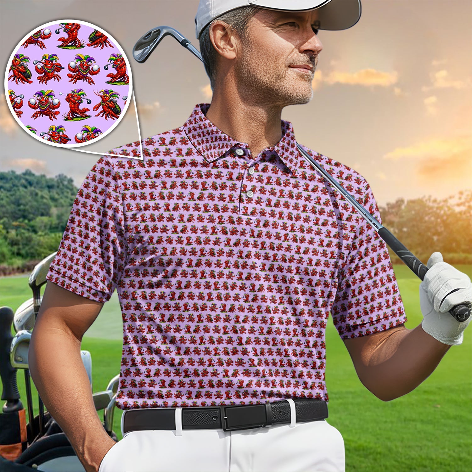 Festival Golf Polos For Golfer, Mardi Gras Crawfish Pattern Golf Shirt, Golf Gift For Men