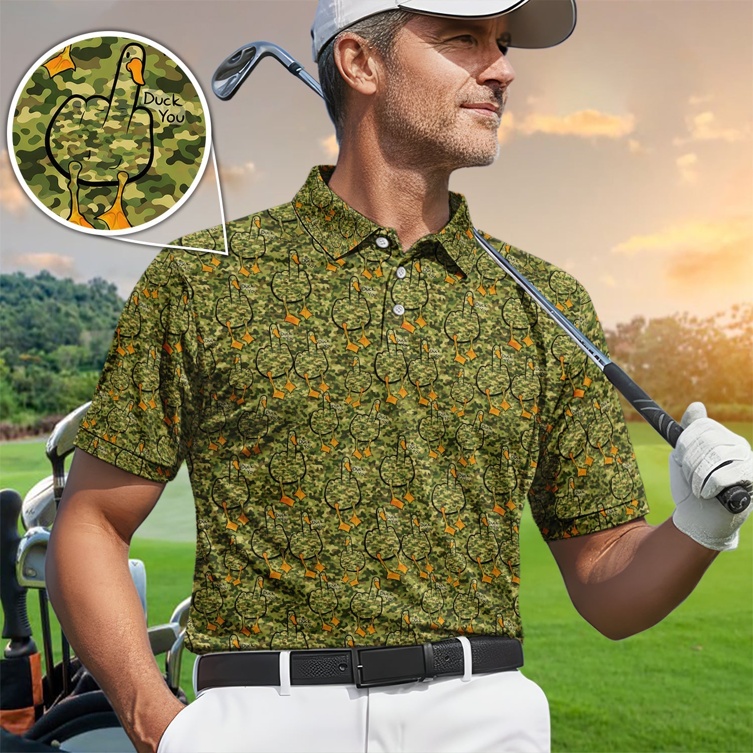 Funny Duck Pattern Golf Polos, Camo Golf Shirt For Golfer, Golf Gift For Men
