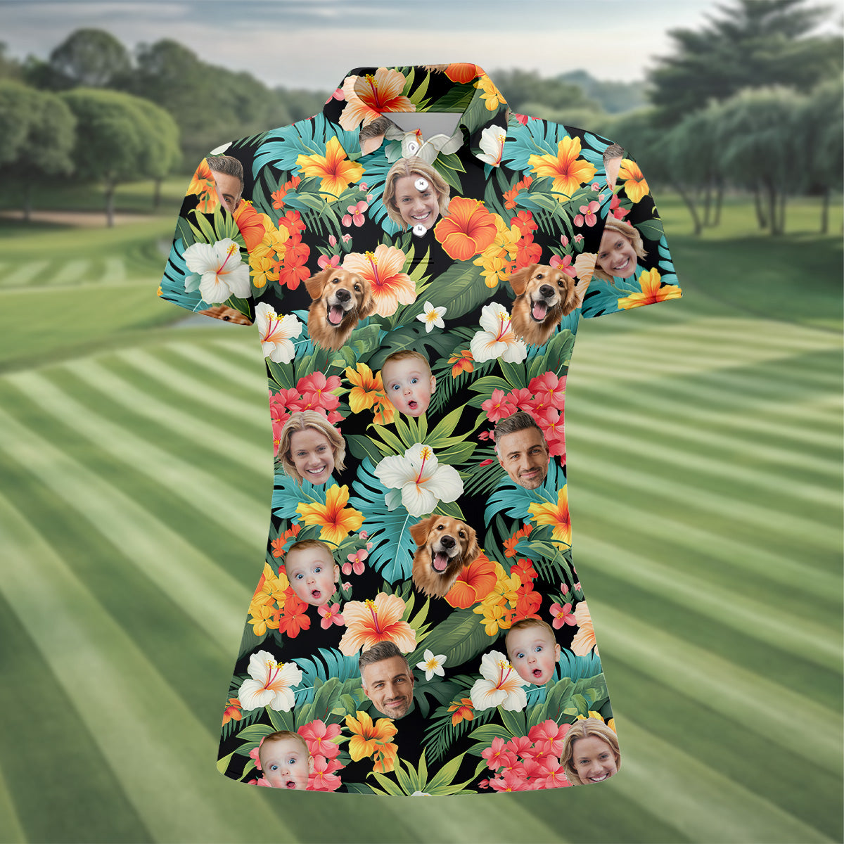 Hibiscus Hawaiian Shirt, Ladies Floral Shirt, Custom Face Shirt, Womens Hawaiian Golf Shirts, Ladies Golf Shirts