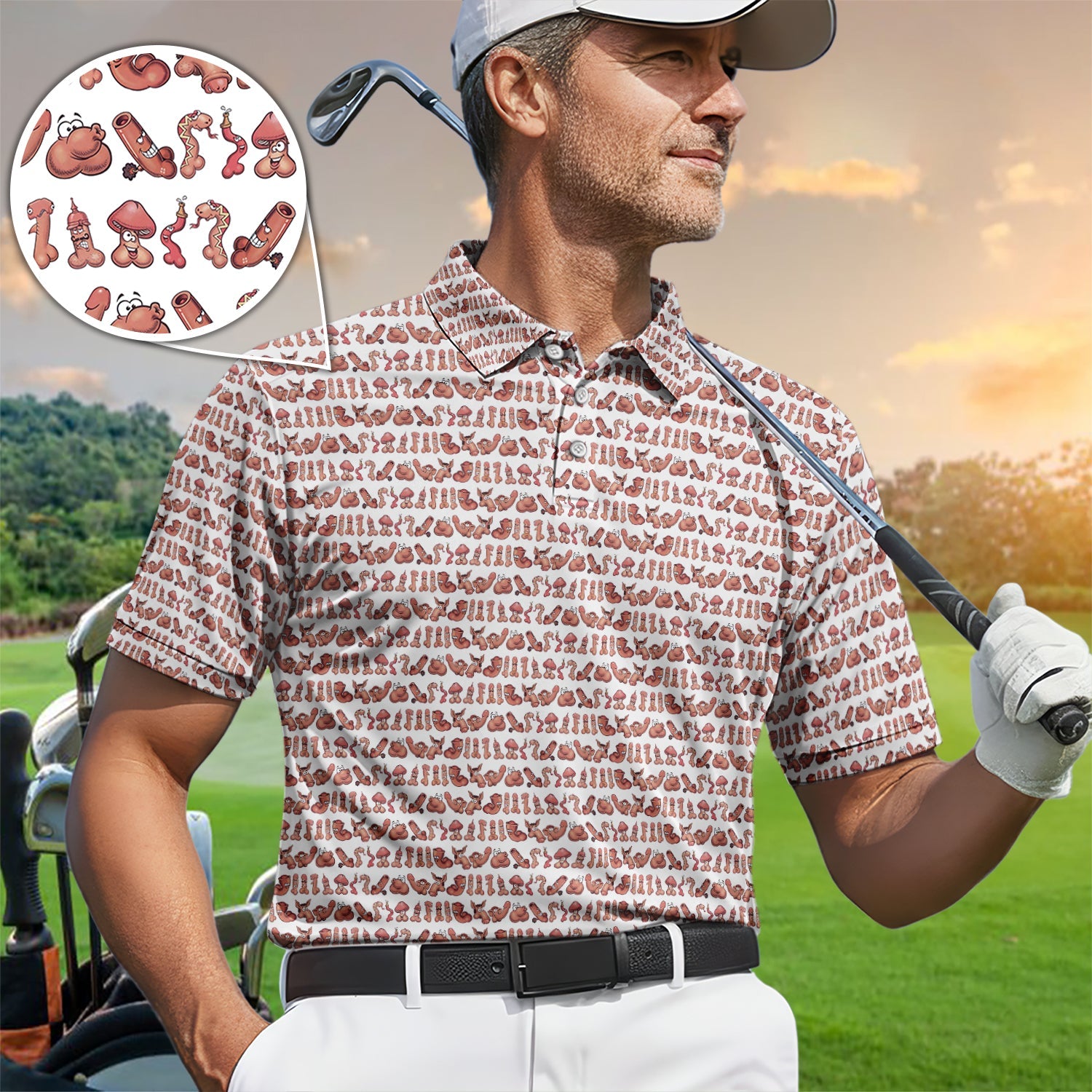 Playful Abstract Cartoon Pattern Golf Polos, Funny Golf Shirt For Men, Golf Gift For Golfer