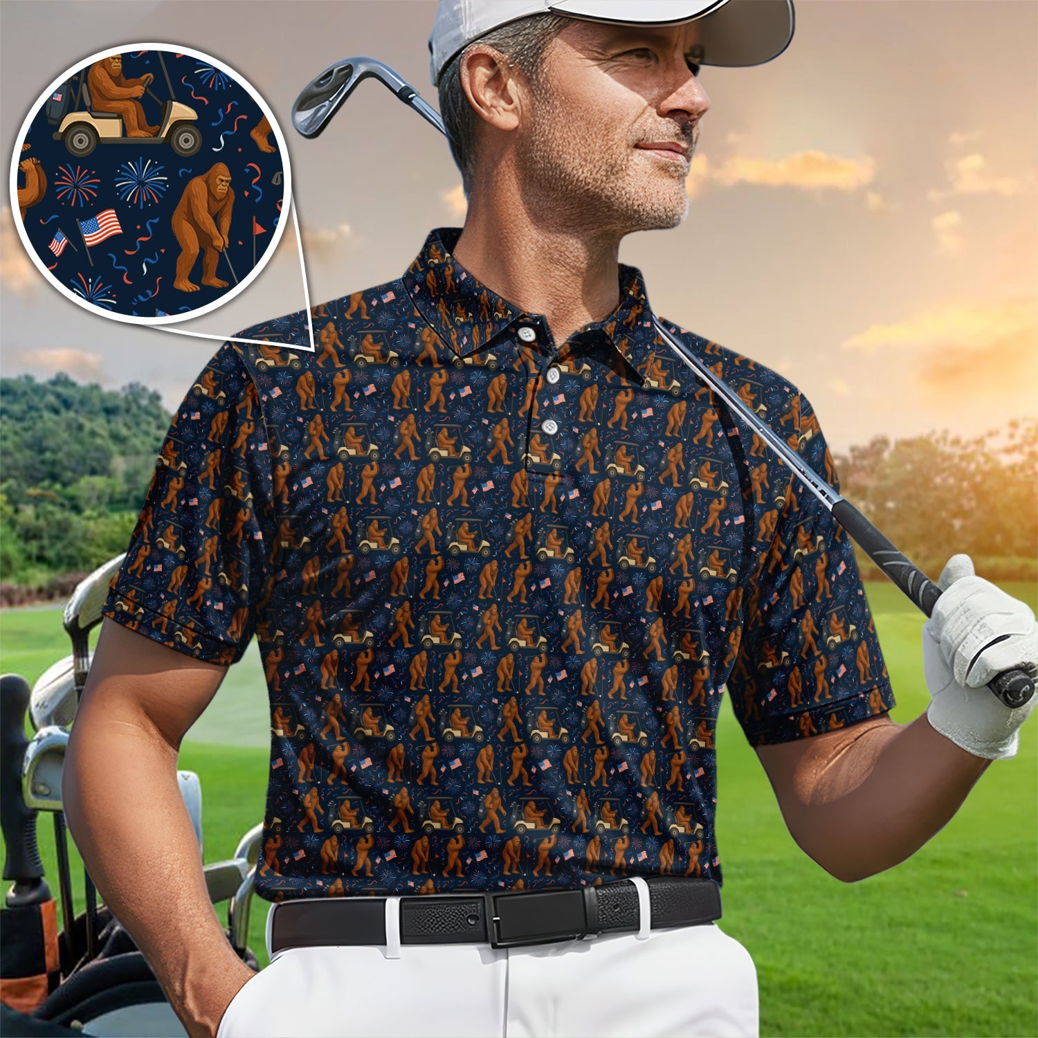 Crazy Patriotic 250 Bigfoot Golf Polos, America 250th Sasquatch Golf Shirt, Golf Gift For Men