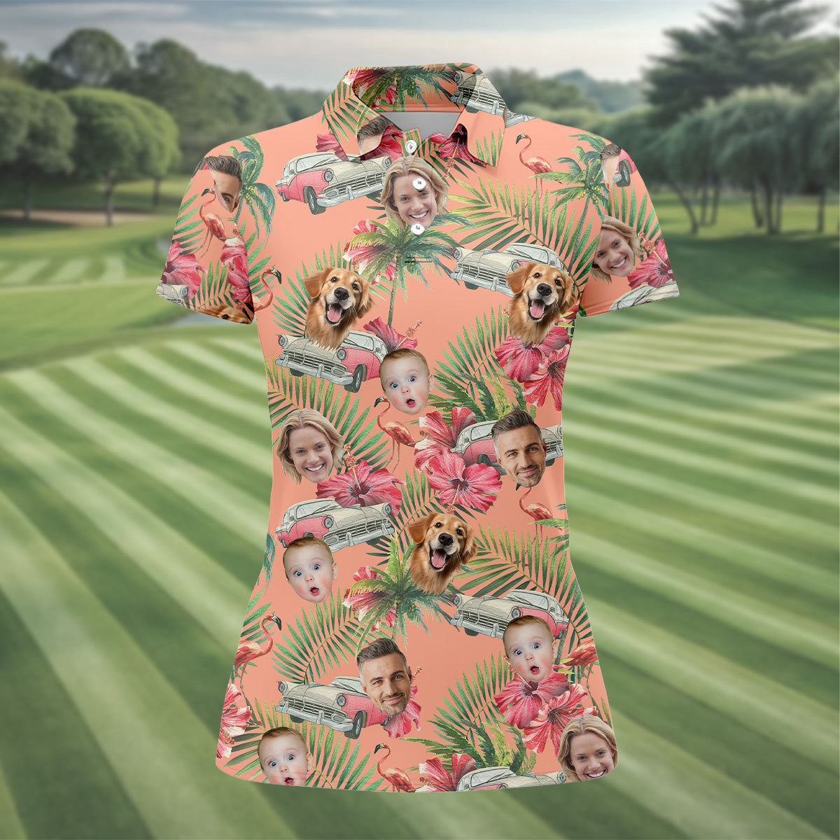Hibiscus Shirt, Palm Tree Shirt, Pink Hawaiian Tops For Women, Custom Face Shirt, Ladies Golf Shirts
