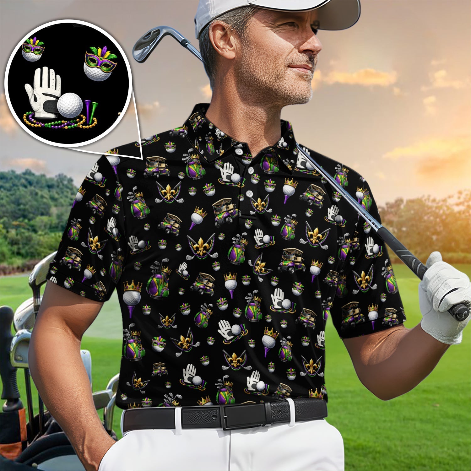 Mardi Gras Pattern Golf Shirt For Men, Funny Golf Polos, Crazy Golf Gift For Golfer