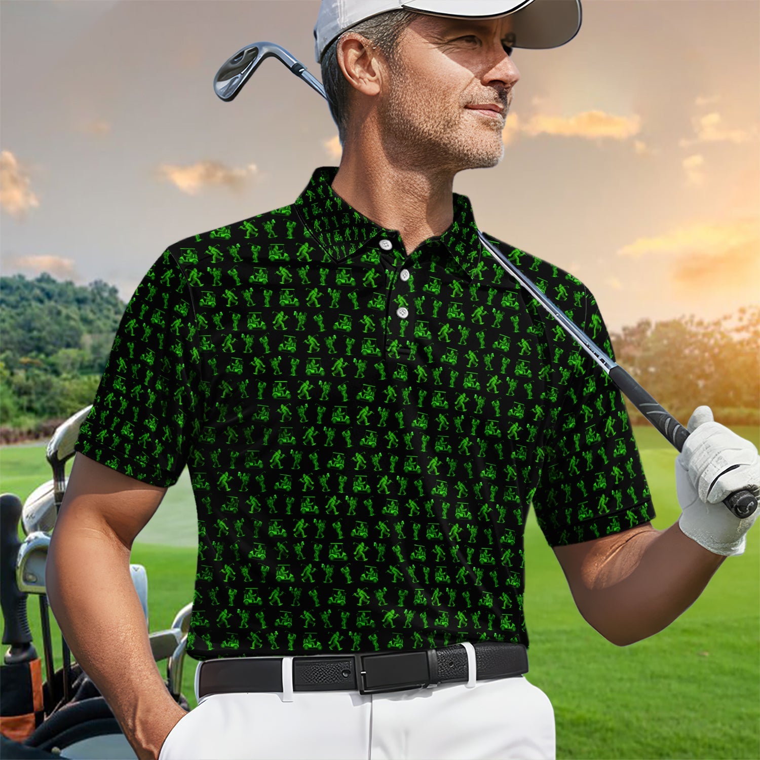 Bigfoot Golf Pattern Shirt, Funny Sasquatch Golf Polos For Men, Neon Green Golf Shirt For Golfer