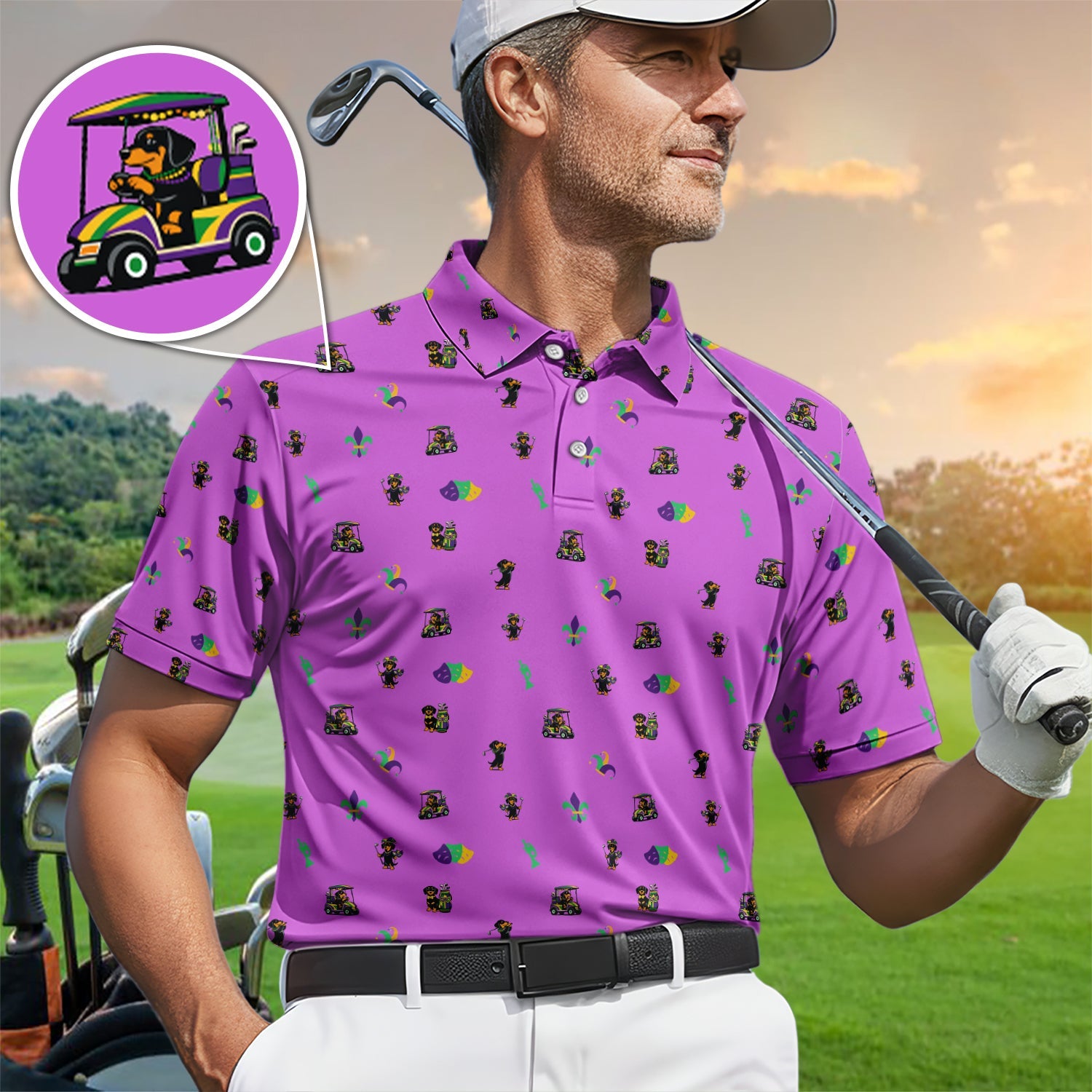 Mardi Gras Dachshund Golf Polos For Golfer, Funny Wiener Dog Pattern Golf Shirt, Golf Gift For Men