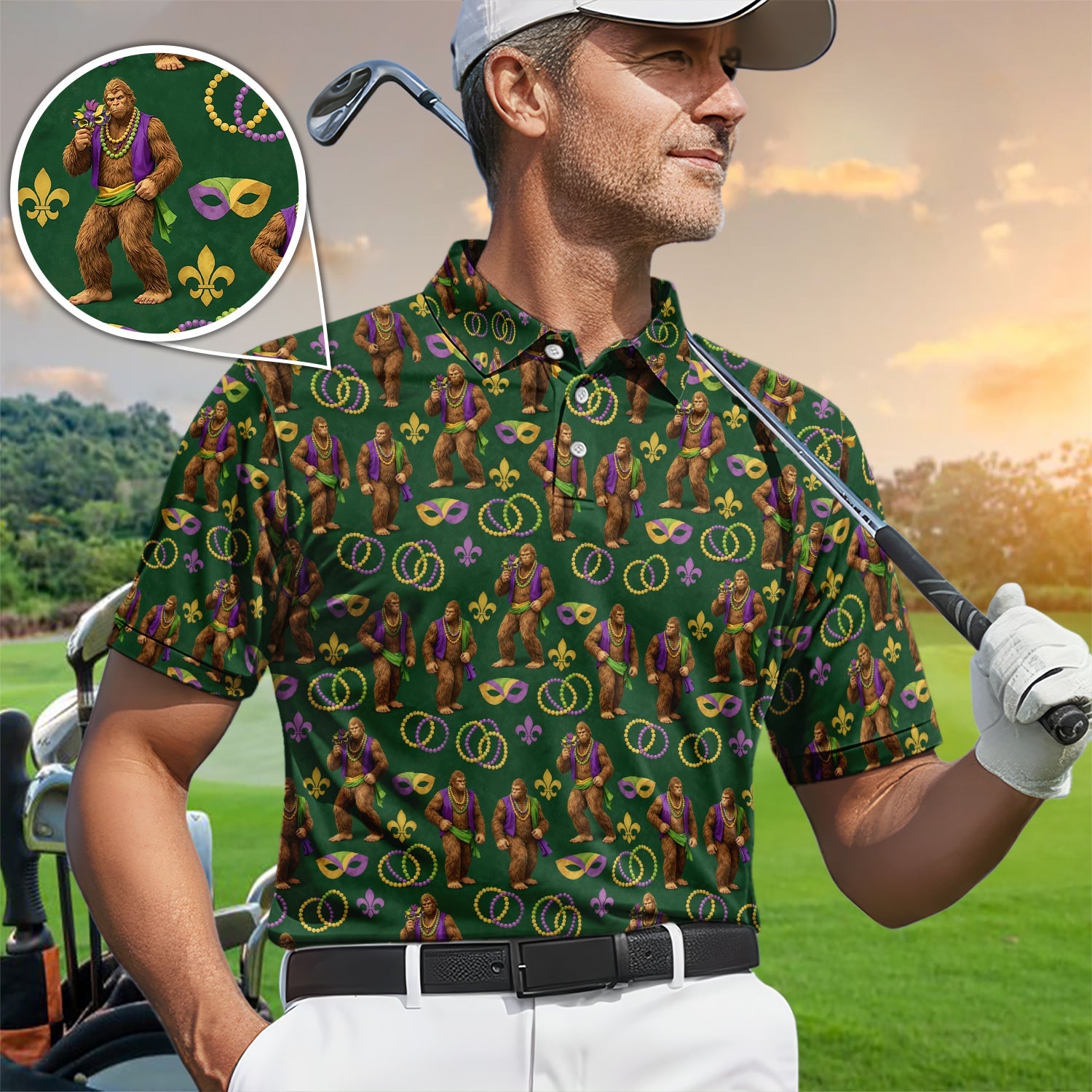 Bigfoot Mardi Gras Pattern Golf Polos, Sasquatch Holiday Golf Shirt, Golf Gift For Golfer
