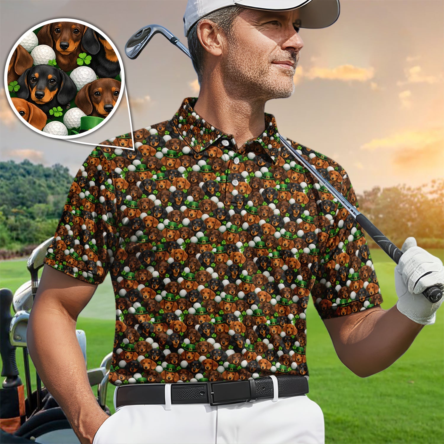 Dachshund St. Patrick’s Day Golf Polos, Wiener Dog Pattern Golf Shirt For Men, Funny Golf Gift For Golfer