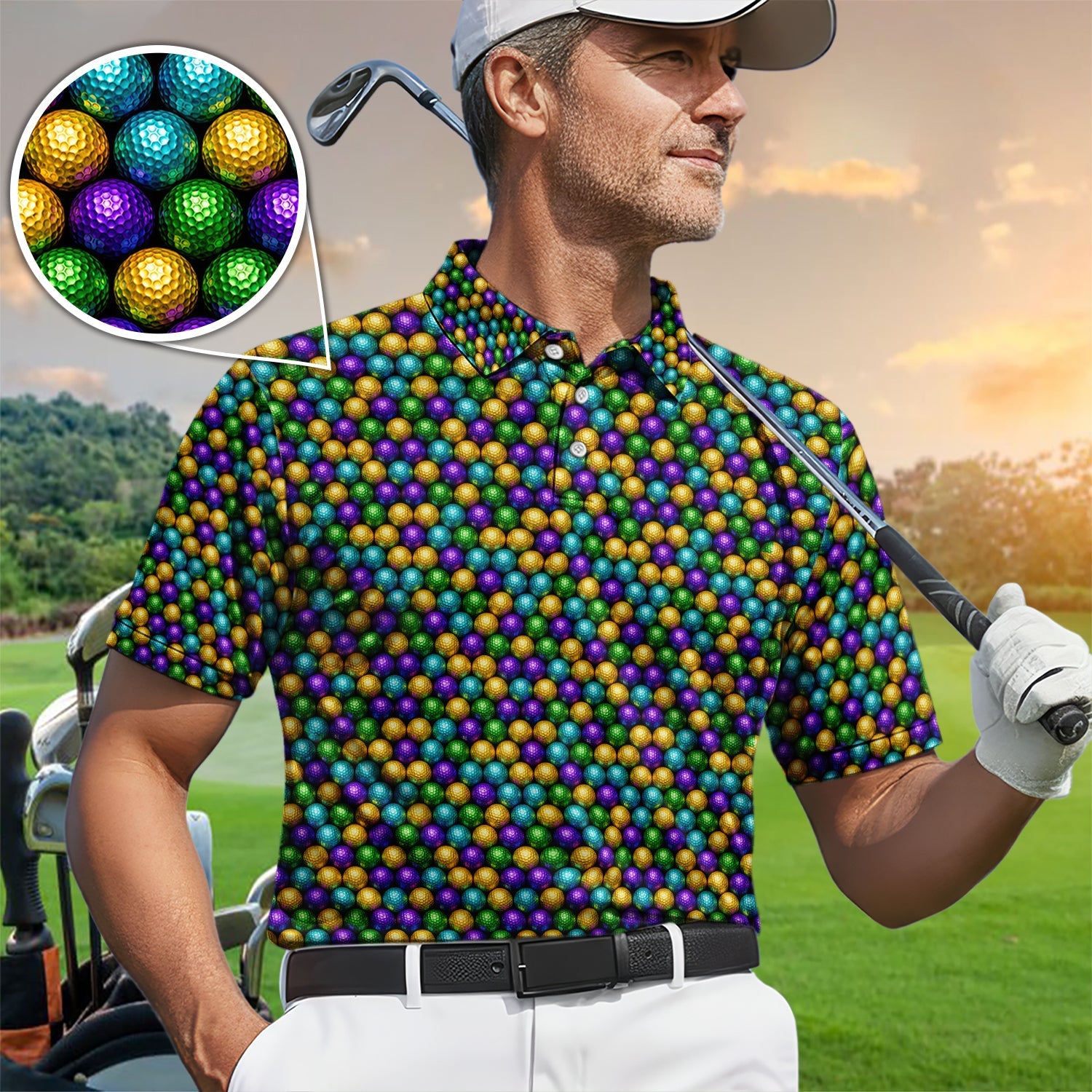 Disco Ball Pattern Golf Polos, Mardi Gras Golf Shirt For Men, Golf Gift For Golfer