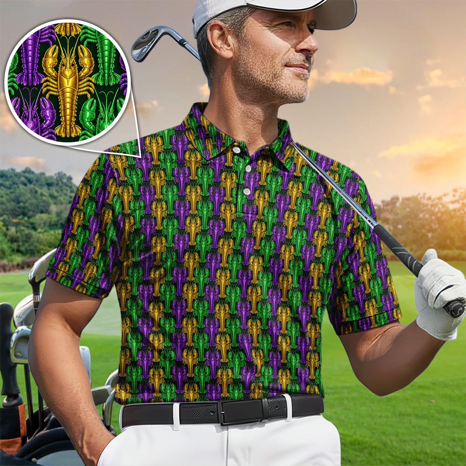 Mardi Gras Crawfish Pattern Golf Polos, Carnival Golf Shirt For Golfer, Golf Gift For Men