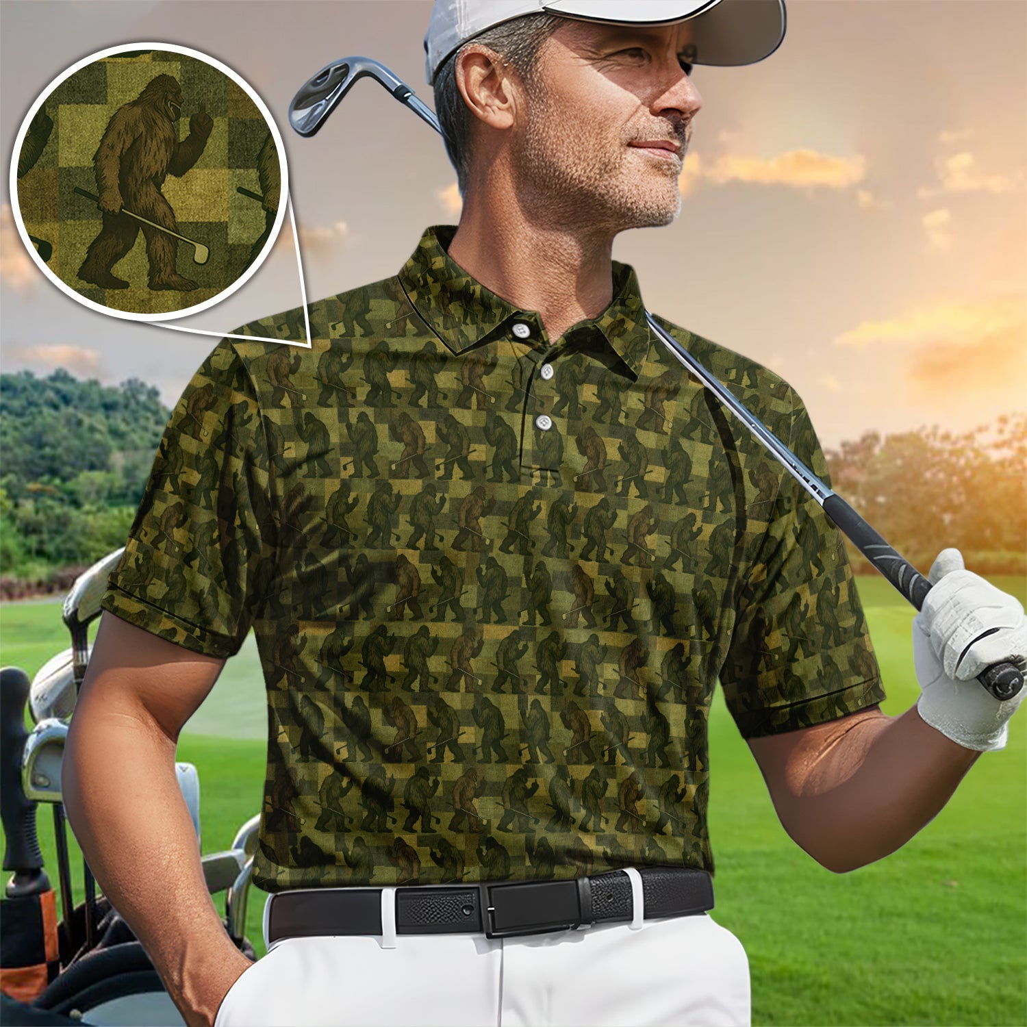 Bigfoot Caro Pattern Golf Polos, Sasquatch Camo Golf Shirt For Golfer, Golf Gift For Men