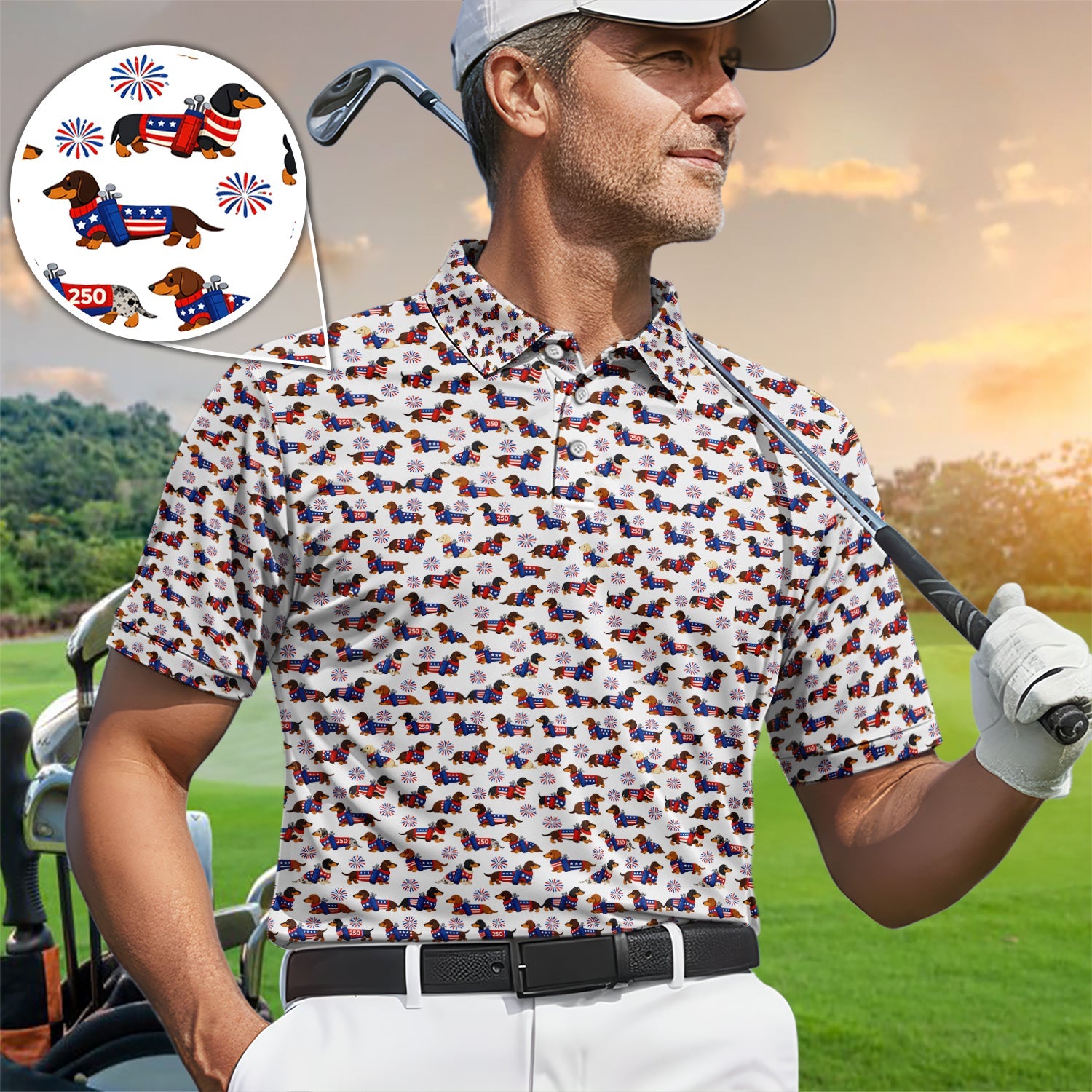 America 250 Dachshund Golf Polos, Funny Patriotic Wiener Dog 250th Golf Shirt, Golf Gift For Men