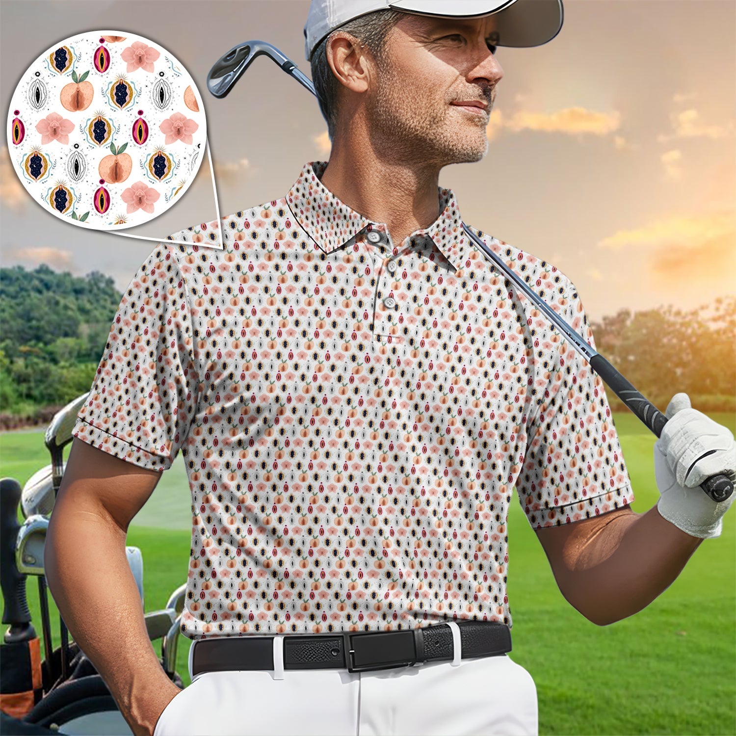 Abstract Floral Art Pattern Golf Polos, Crazy Golf Shirt For Men, Funny Golf Gift For Golfer
