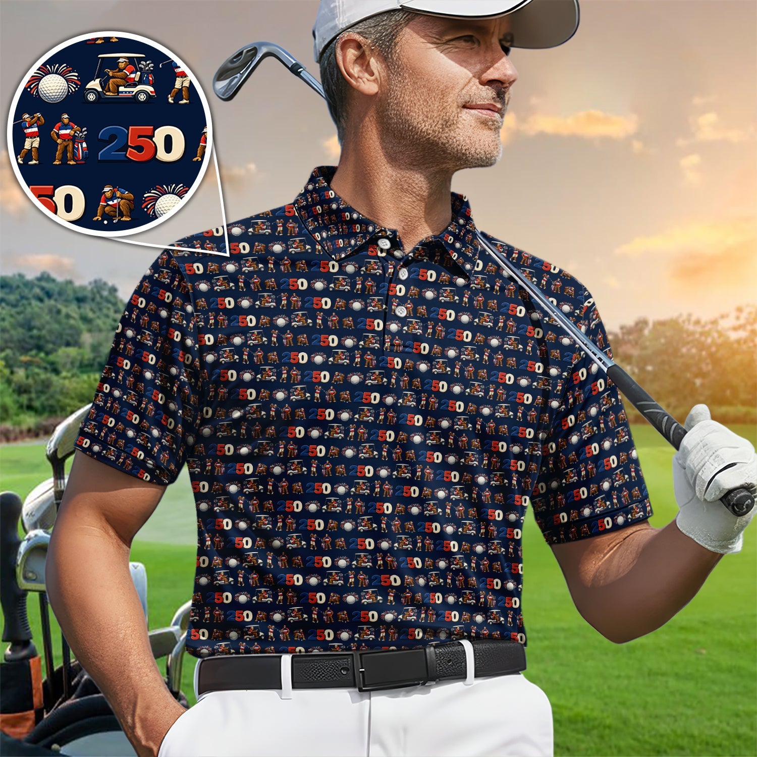 Funny Bigfoot Pattern Golf Shirt, 250th Anniversary Golf Polos, Golf Gift For Golfer
