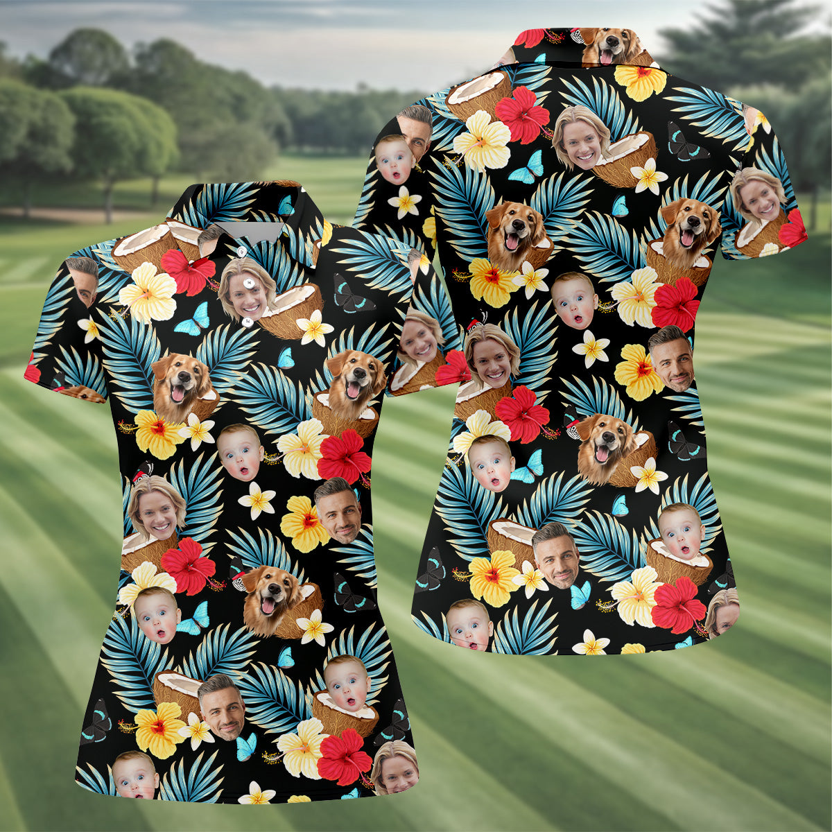 Red And Yellow Hibiscus, Womens Black Golf Shirt, Custom Face Shirt, Ladies Floral Shirt, Ladies Golf Polos