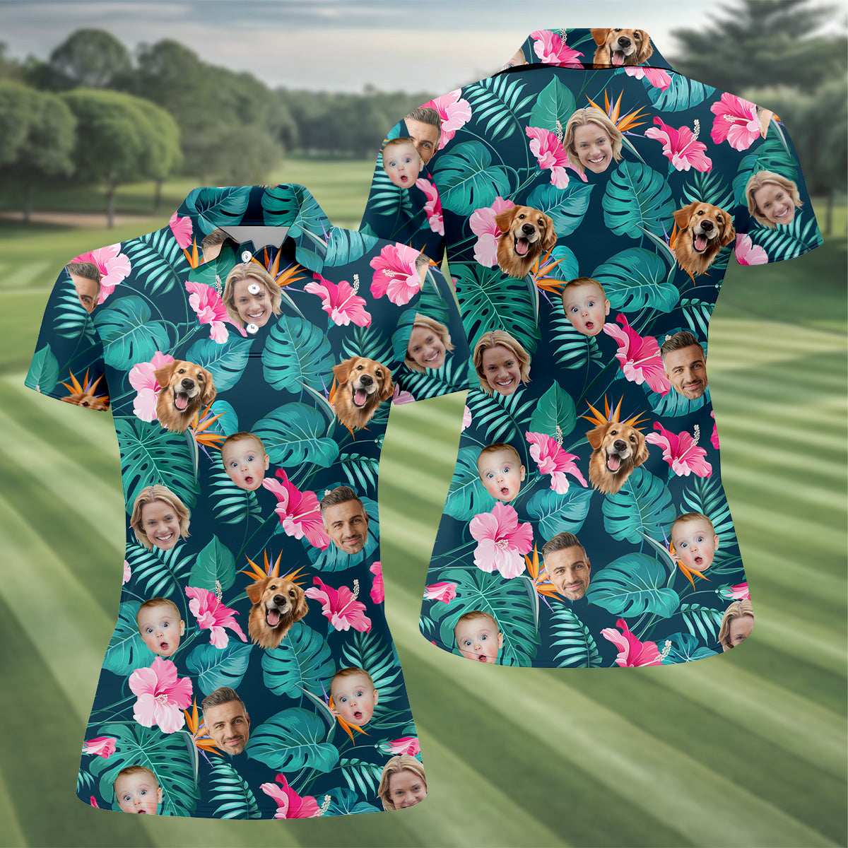 Palm Leaf Pattern, Hibiscus Shirt, Green Hawaiian Shirt, Custom Face Shirt, Women Polo, Ladies Golf Shirts