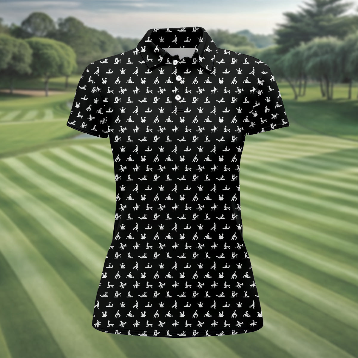 Funny Stick Figure Black And White Golf Polo ShirtFunny Position Golf Shirt, Fun Womens Golf Shirts, Ladies Golf Shirt
