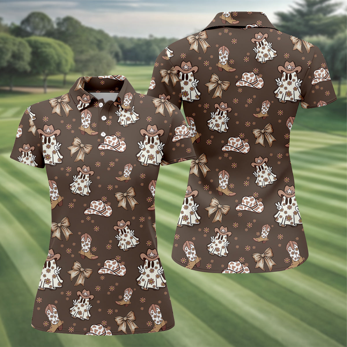Coquette Halloween Cowboy Ghost Brown Fun Womens Golf Shirts, Ladies Sleeveless Polo, Ladies Golf Shirts