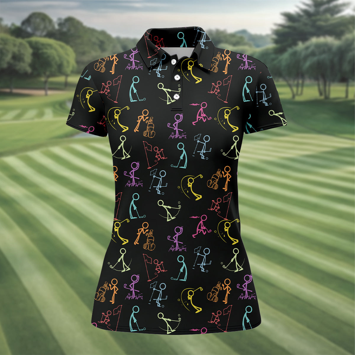 Funny Stickman Golfer Pose Black Golf Shirt, Unique Gift For Golfer, Ladies Golf Polos, Women's Polo Shirt