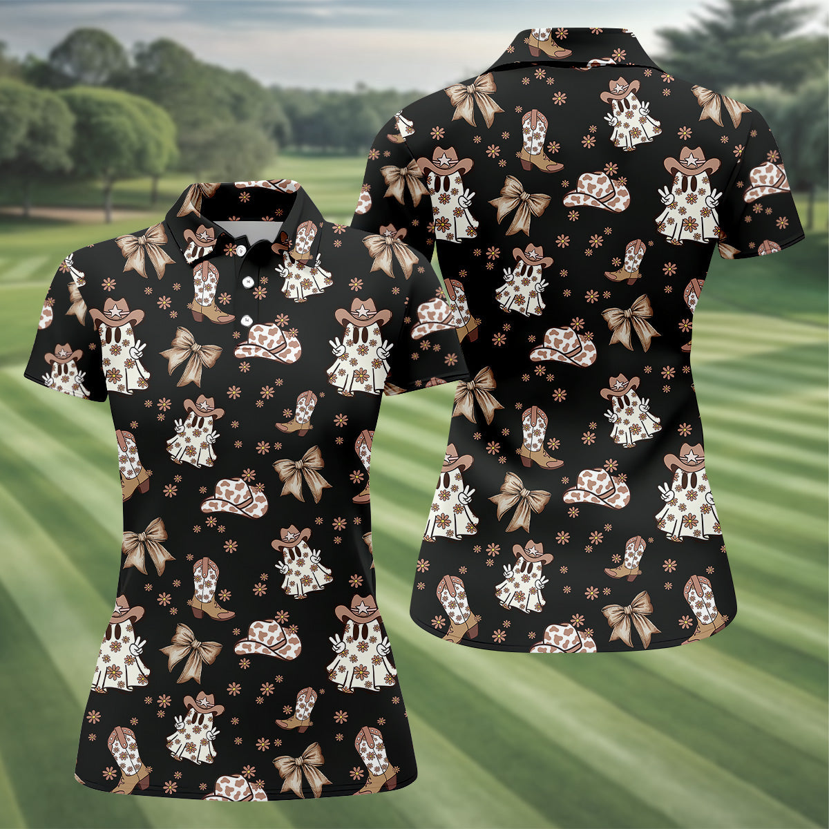 Coquette Halloween Cowboy Ghost Black Fun Womens Golf Shirts, Ladies Sleeveless Polo, Ladies Golf Shirts