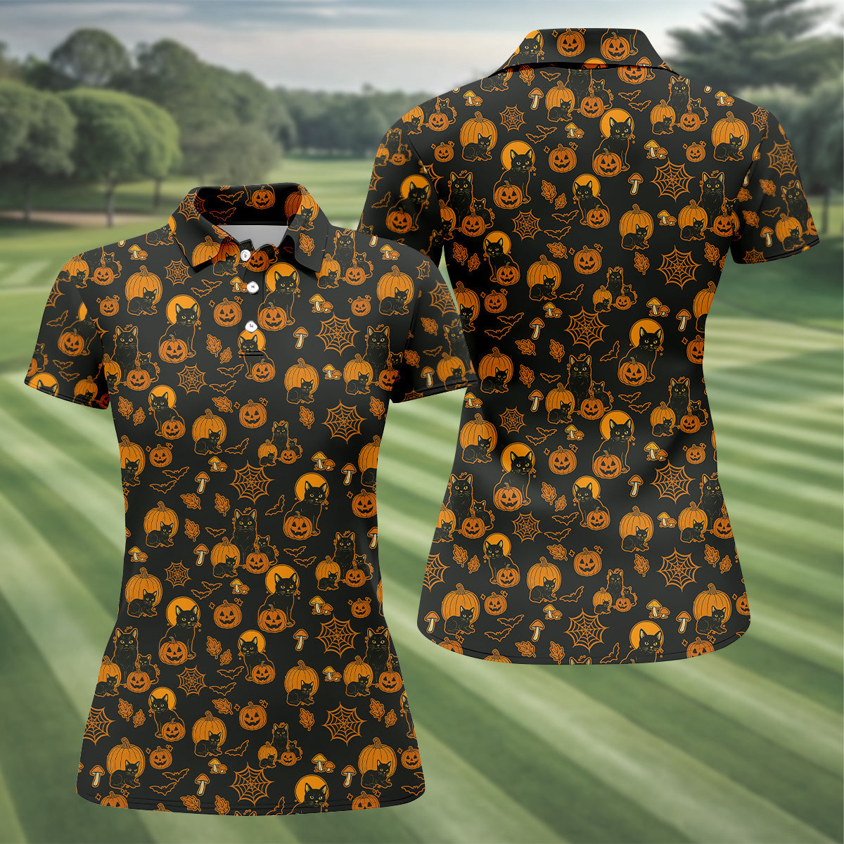 Black Cat Pumpkin Fun Womens Golf Shirts, Sleeveless Polo ShirtLadies Golf Shirts, Golf Hoodie