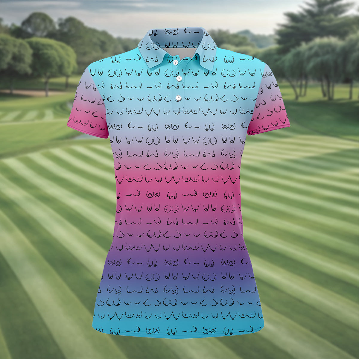 Blue Pink Ombre Fun Womens Golf Shirts, Womens Golf Tops, Ladies Golf Shirts, Cool Golf Gift