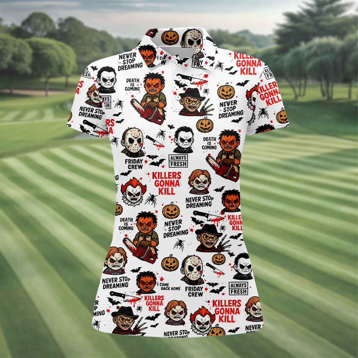 Classic Horror Characters Halloween Golf Shirt, Fun Womens Golf Shirts, Ladies Golf Tops