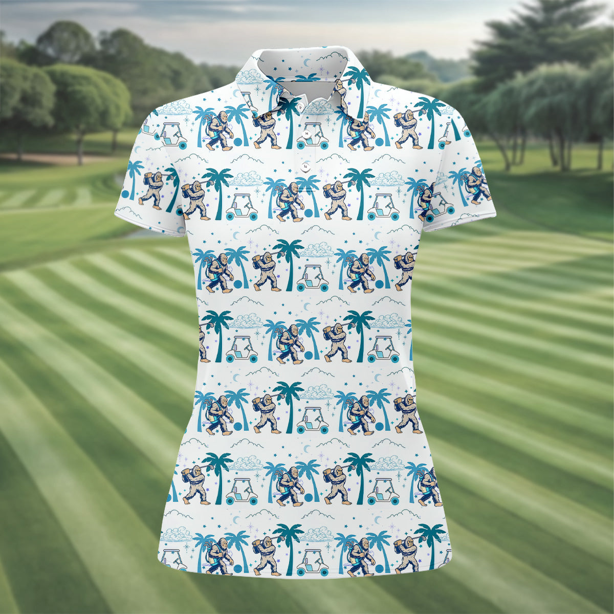 Funny Tropical Golf Cart Bigfoot Golf Shirt, Ladies Sleeveless Polo, Womens Golf Shirts, Golfing Apparel