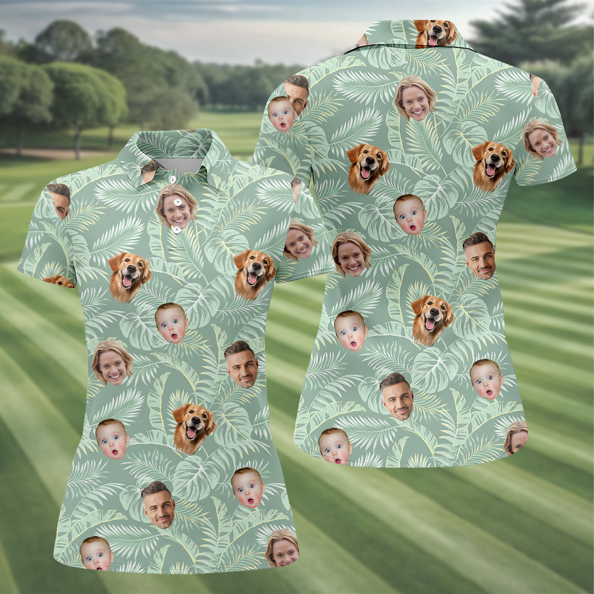 Tropical Leaf Pattern Hawaiian Tops For Women, Custom Team Shirt, Green Polo ShirtLadies Golf Shirts