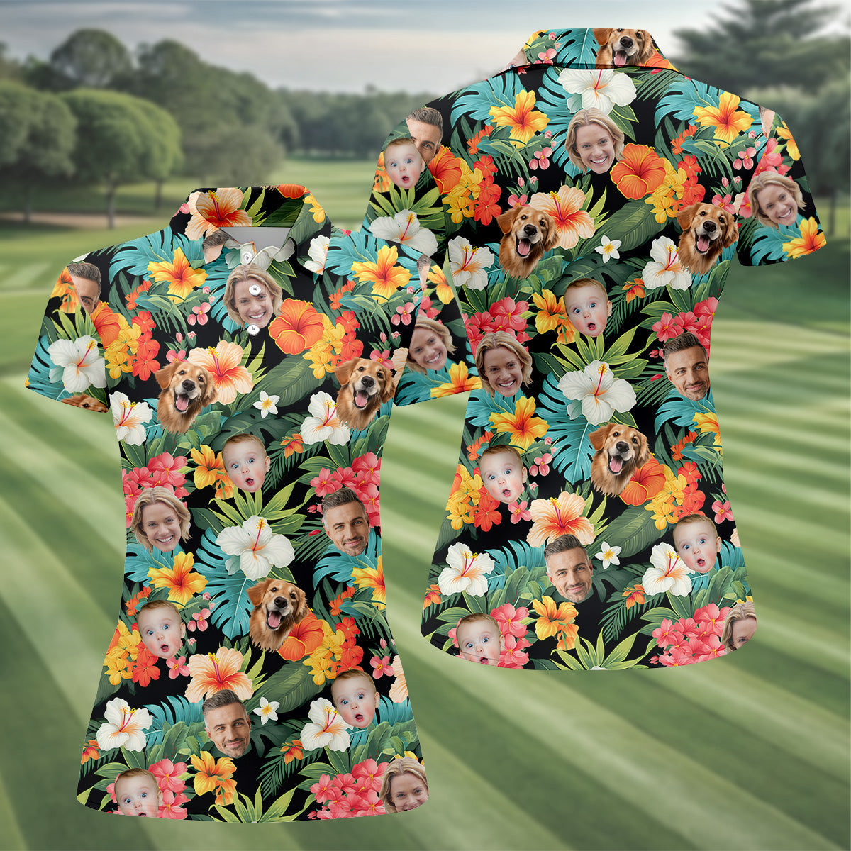 Hibiscus Hawaiian Shirt, Ladies Floral Shirt, Custom Face Shirt, Womens Hawaiian Golf Shirts, Ladies Golf Shirts