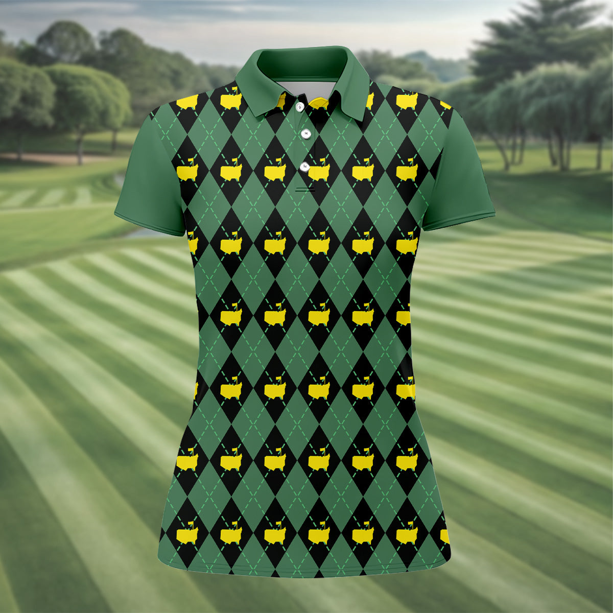 Green and Black Classic Argyle Women Golf Top, Ladies Sleeveless Polo, Women's Polo Shirt