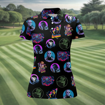Funny Horror Character Women Golf Shirt, Horror Character Neon Shirt, Halloween Golf Shirt, Scary Halloween Shirts