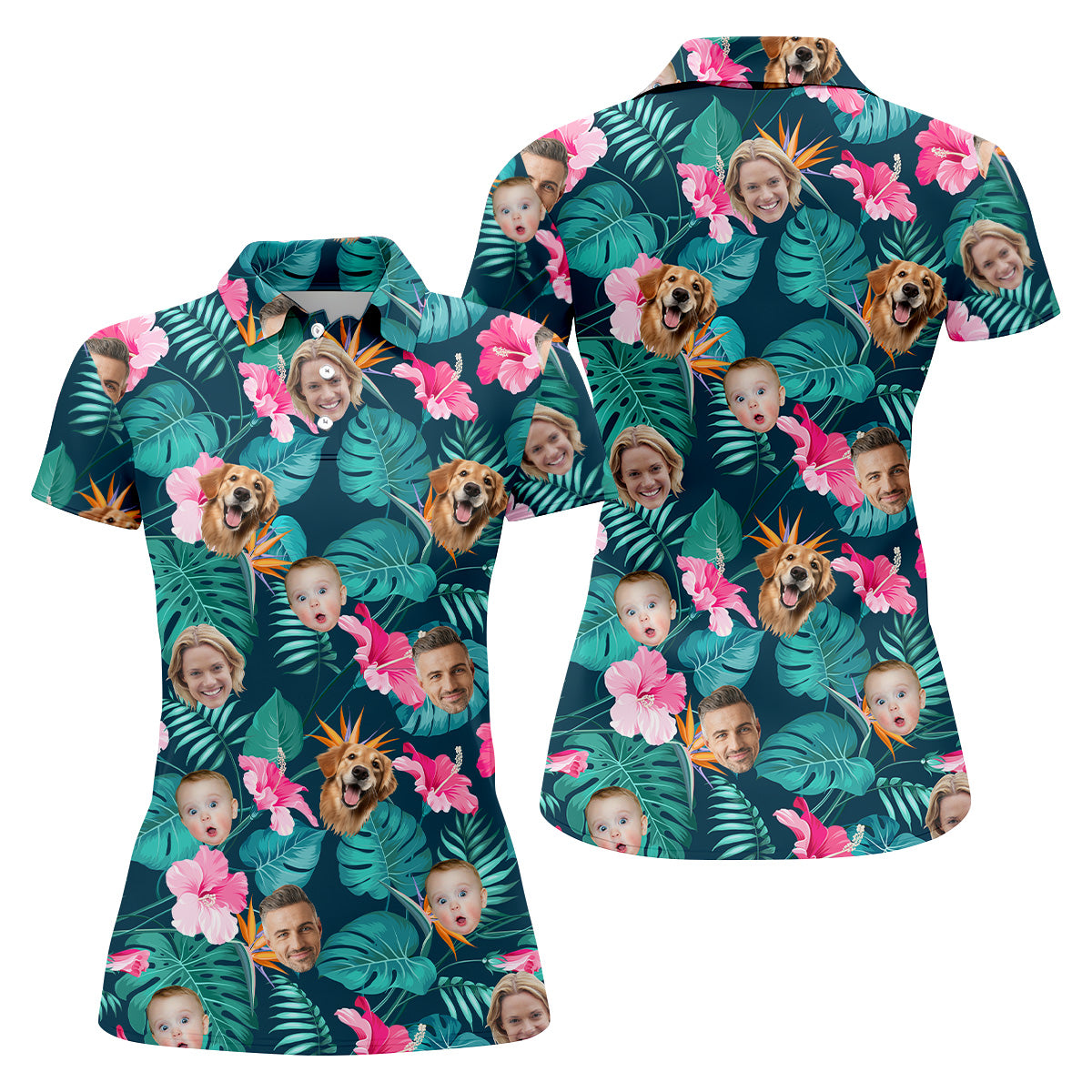 Palm Leaf Pattern, Hibiscus Shirt, Green Hawaiian Shirt, Custom Face Shirt, Women Polo, Ladies Golf Shirts