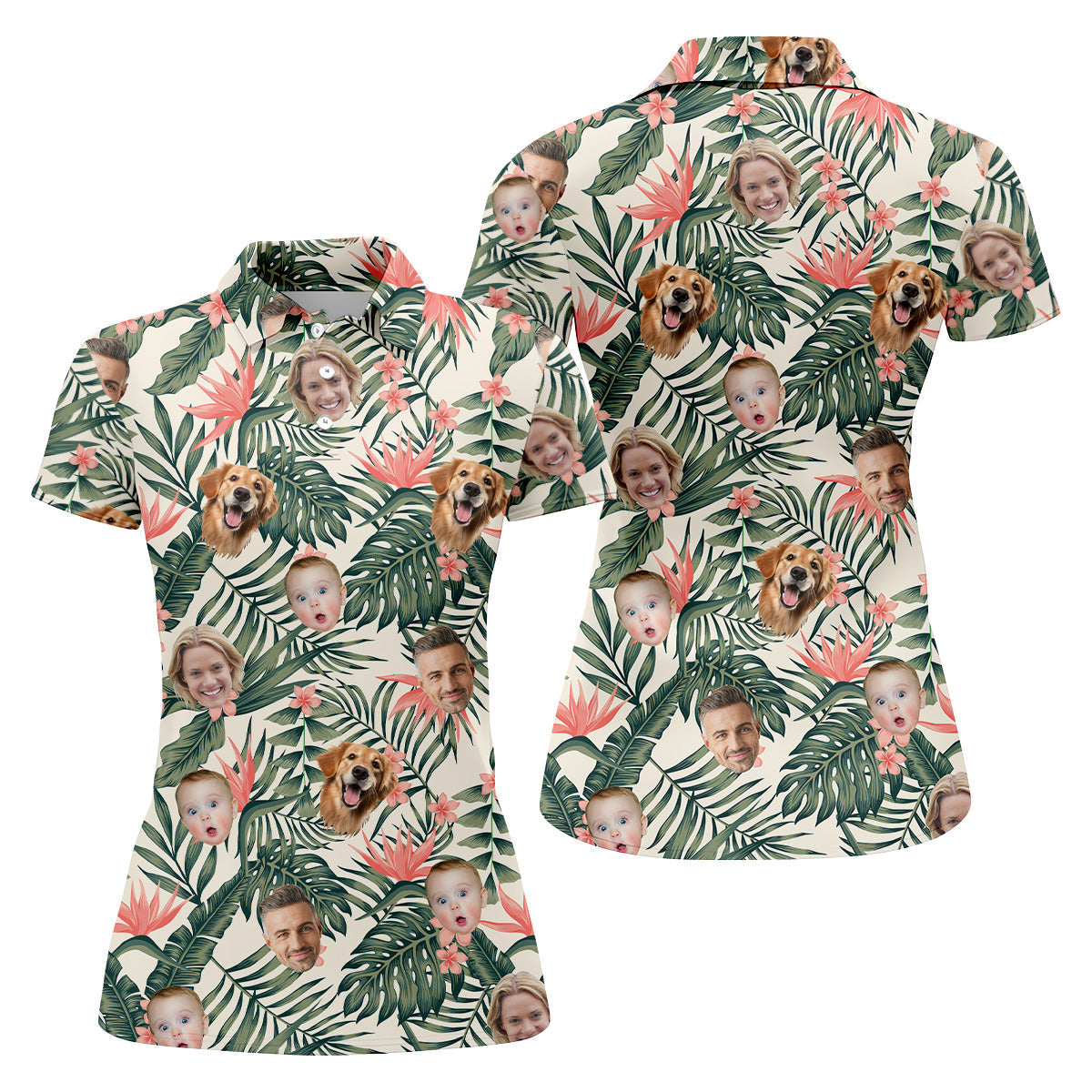 Tropical Floral Pattern Custom Hawaiian Shirts With Face, Womens Hawaiian Golf Shirts, Ladies Golf Shirts