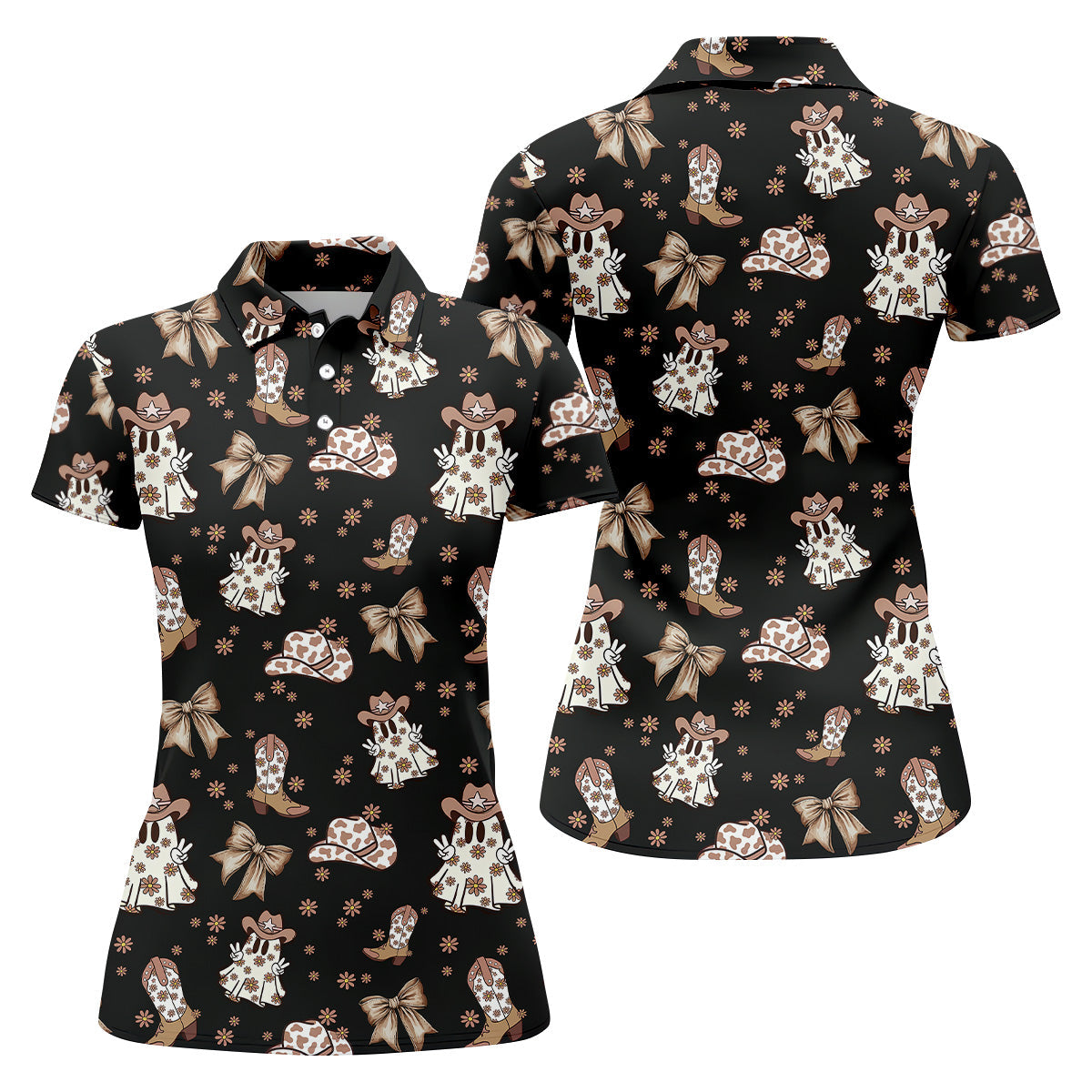 Coquette Halloween Cowboy Ghost Black Fun Womens Golf Shirts, Ladies Sleeveless Polo, Ladies Golf Shirts
