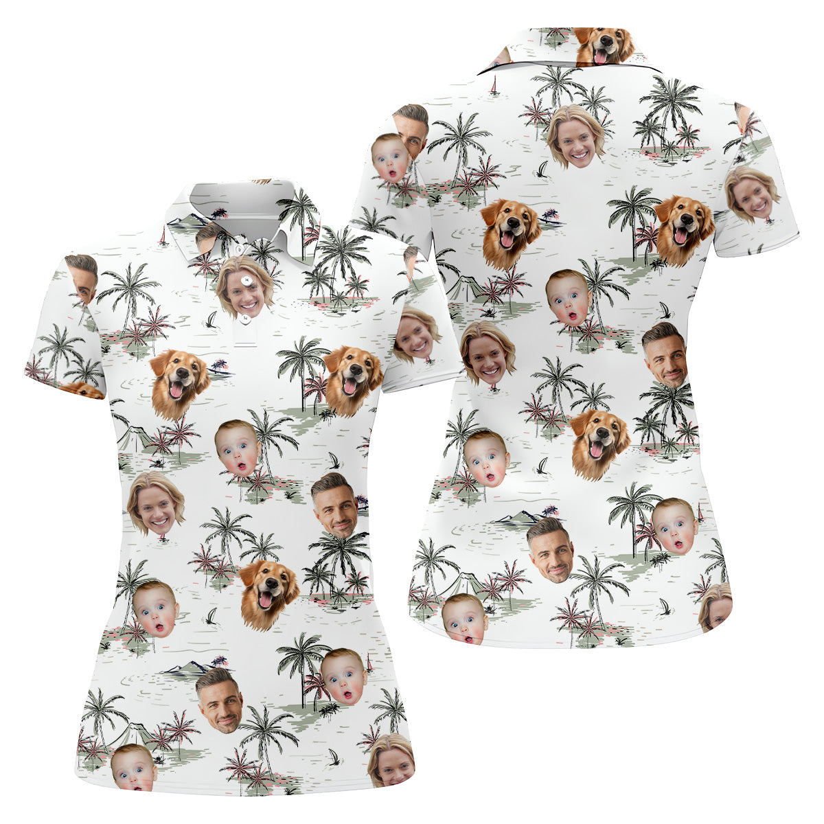 Ladies Palm Tree Shirt, White Hawaiian Shirt, Custom Face Shirt, Womens Sleeveless Polo, Ladies Golf Shirts