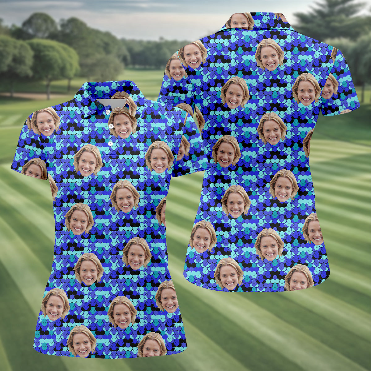 Custom Face Blue Fun Women's Golf Shirts, Ladies Sleeveless Polo, Golfing Apparel
