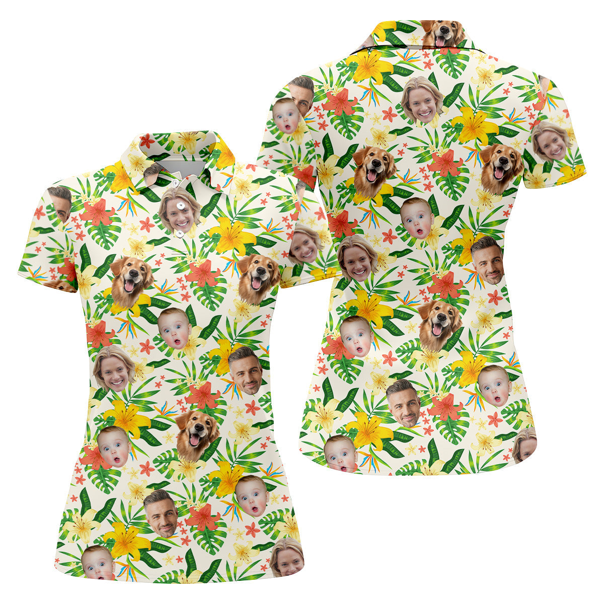 Tropical Leaves Pattern, Hibiscus Hawaiian Shirt, Custom Face Shirt, Womens Sleeveless Polo, Ladies Golf Shirts