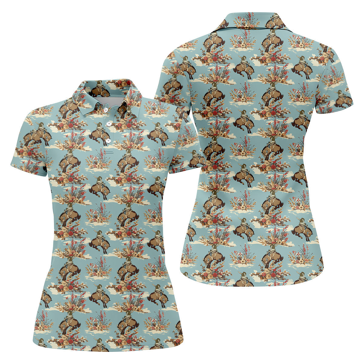 Cowboy Pattern Vintage Blue Golf Shirt, Womens Golf Shirts, Ladies Golf Shirts, Golfing Apparel