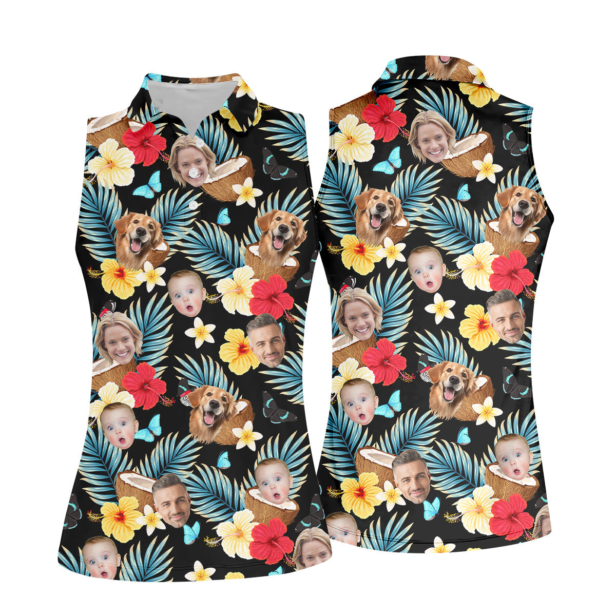 Red And Yellow Hibiscus, Womens Black Golf Shirt, Custom Face Shirt, Ladies Floral Shirt, Ladies Golf Polos
