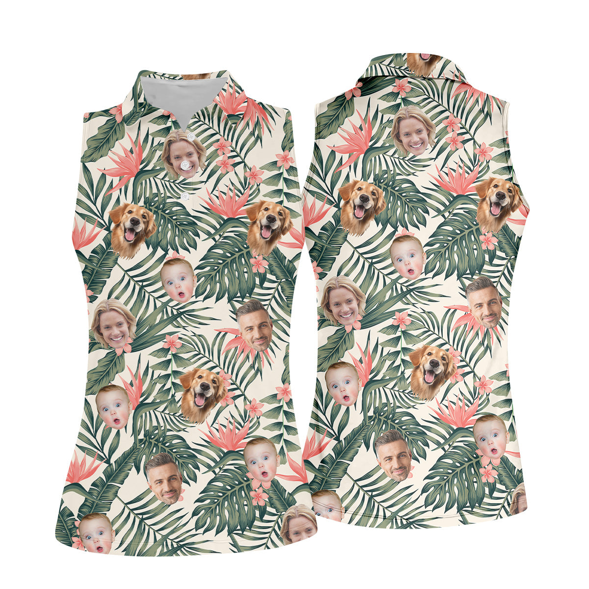 Tropical Floral Pattern Custom Hawaiian Shirts With Face, Womens Hawaiian Golf Shirts, Ladies Golf Shirts